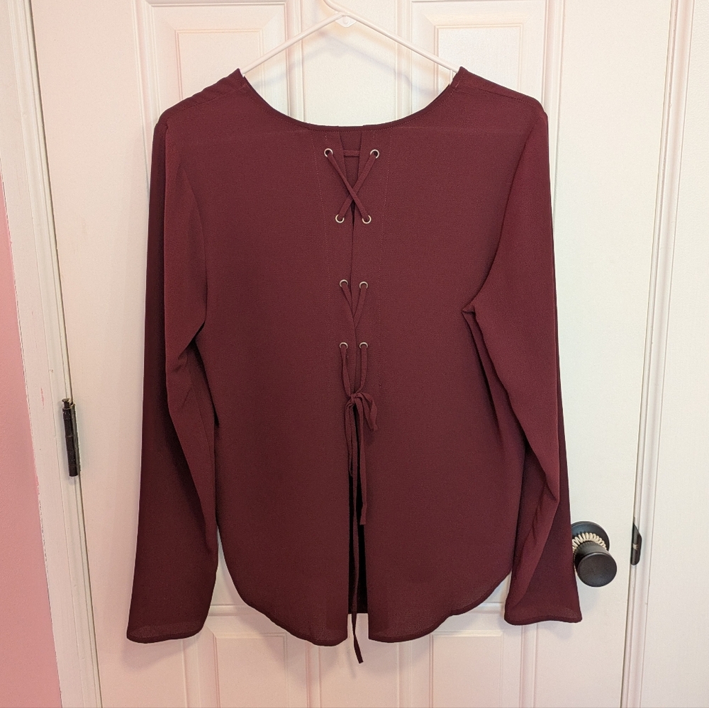 ❤️ Forever 21 Large Long Sleeve Blouse Maroon Lace Up Back EUC Like New